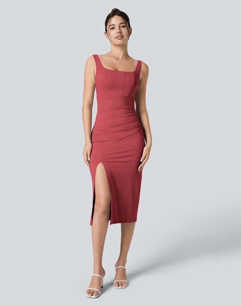 NWT Halara Softlyzero Airy Ruched Midi Dress Square Neck Slit Terracotta L